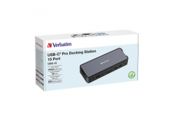 Dokovací stanice Verbatim, USB-C Pro, 15-port, 2x HDMI, RJ45, microSD, 2x USB-A 3.0, USB-C PD, šedá